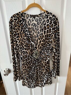 Leopard Print V-Neck Long Sleeve Top with Embellished Front - Brown/Black